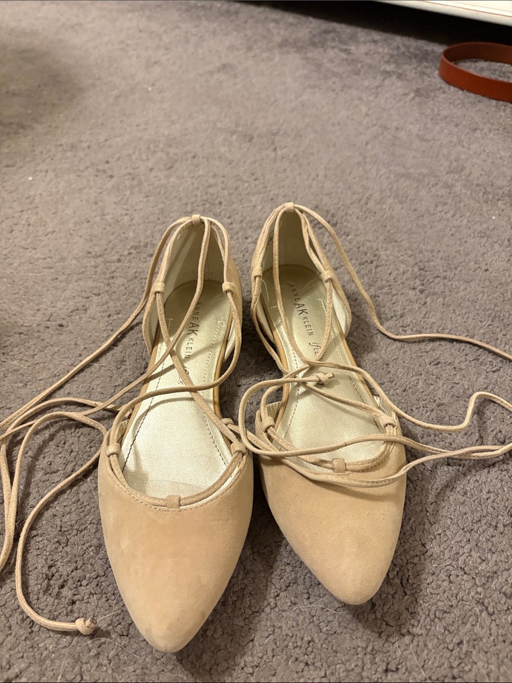 Anne Klein Beige Lace-Up Pointed Flats